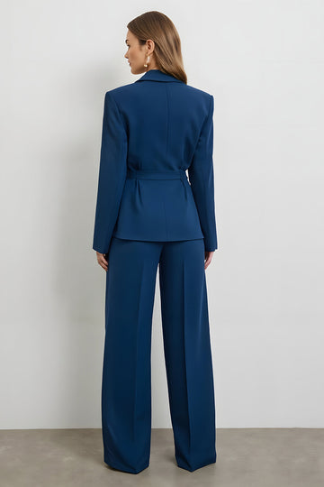 Costumes de travail 2 pièces en satin à double boutonnage bleu foncé